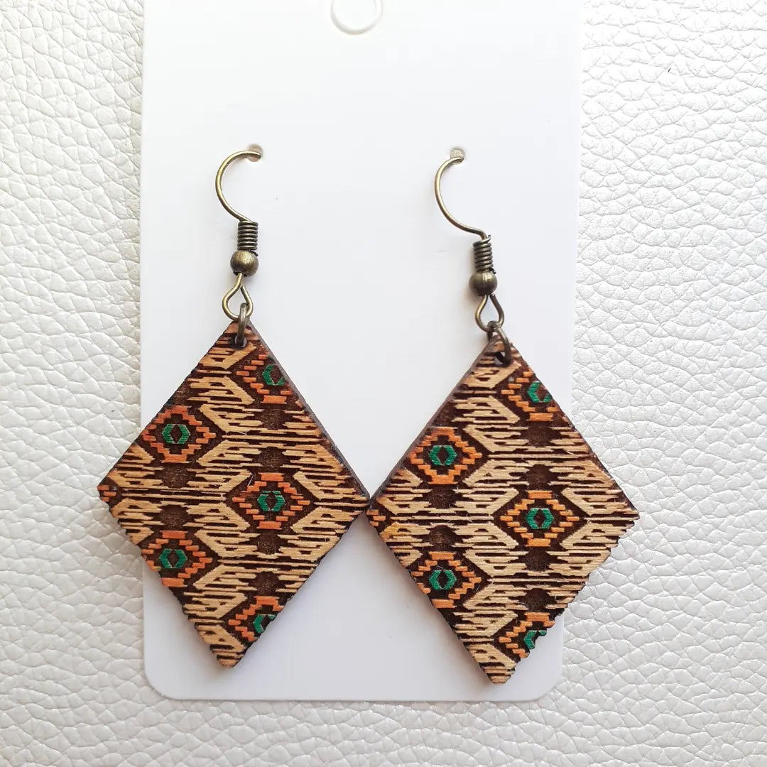Orange + Emerald Aztec Diamond Wood Dangles