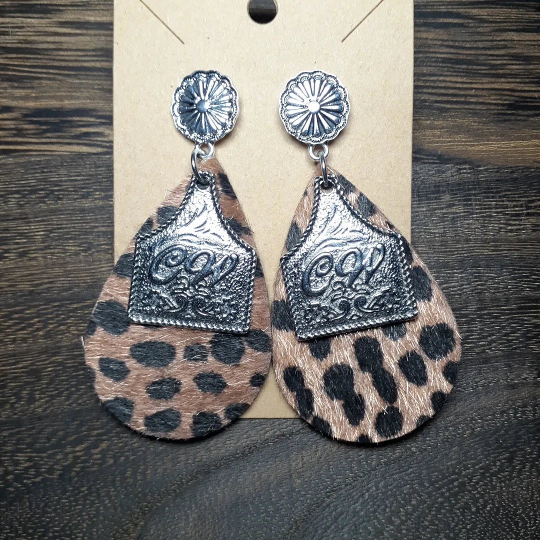 Dark Tan + Black Spotted Cowhide Dangle Earrings