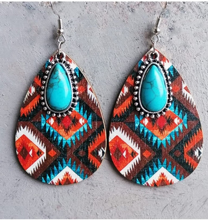 Western Orange with Blue + Turquoise Wood earring