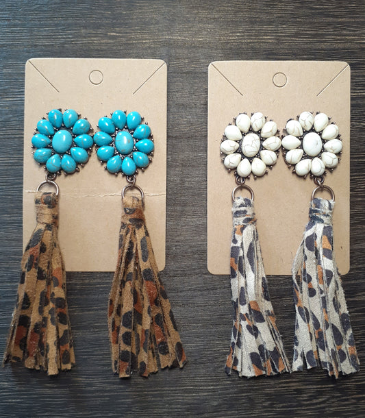 Fringe Leopard Turquoise Flower Dangles