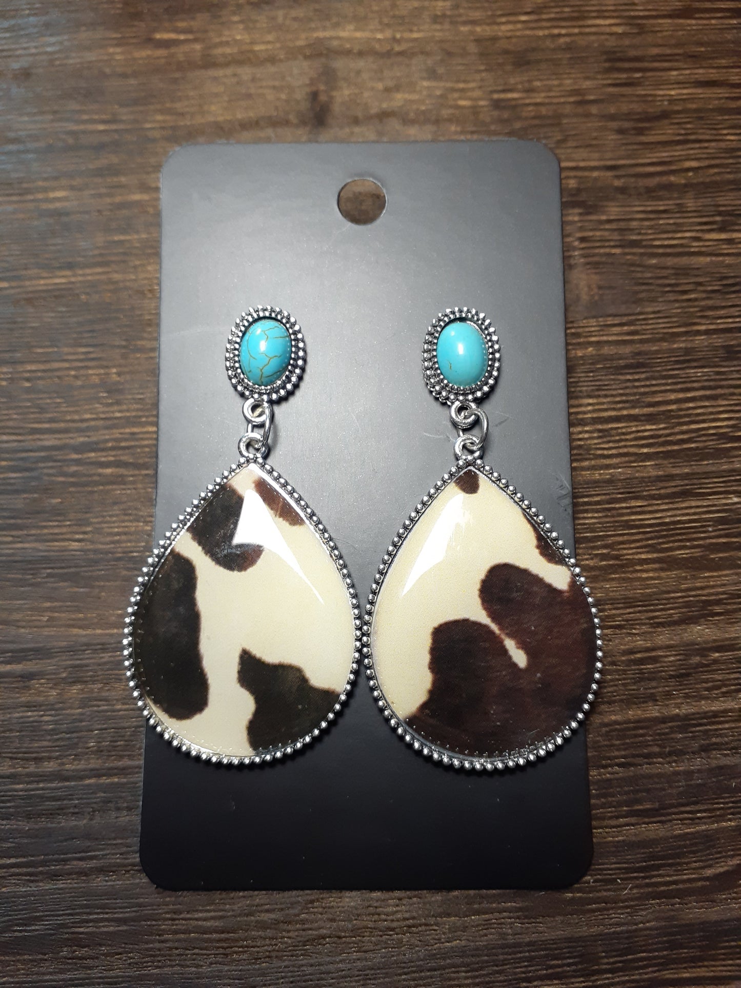 Cow Print Pattern and Turquoise Dangle Stud Set