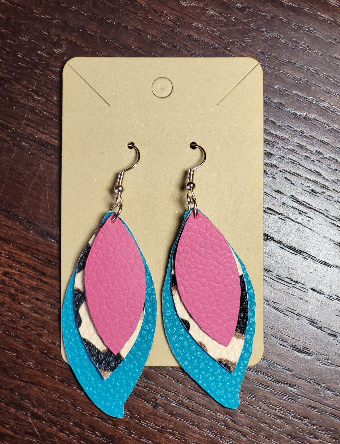 Pink, Cheetah + Teal Layered Drop Earrings