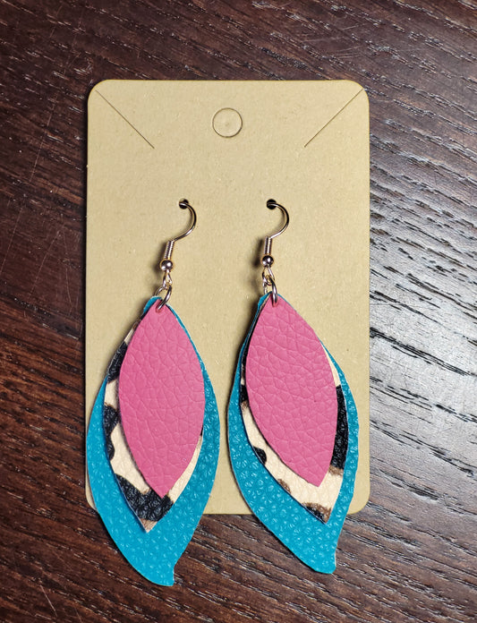 Pink, Cheetah + Teal Layered Drop Earrings