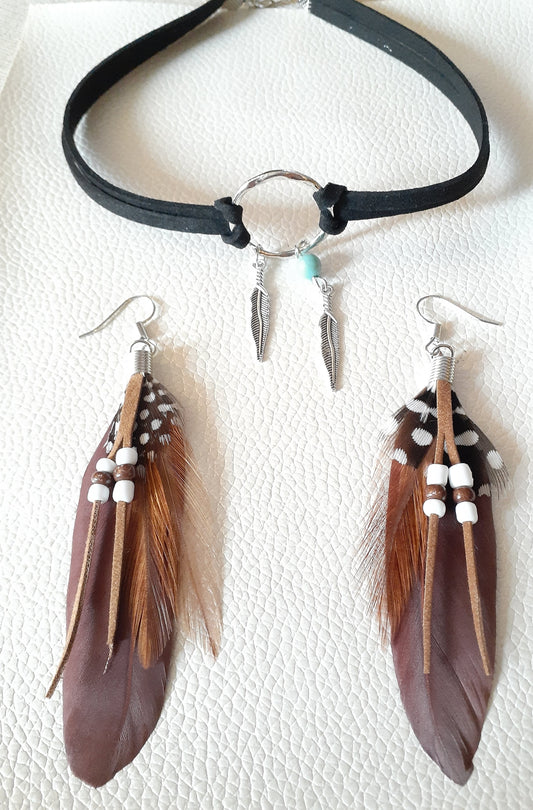 Feather Earrings with Black Choker Set