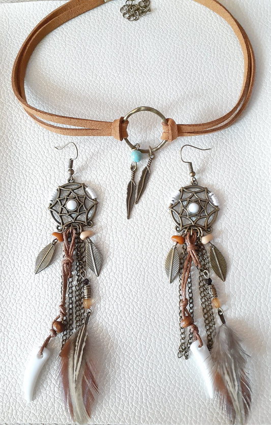 Dream Catcher Earrings with Brown Choker set