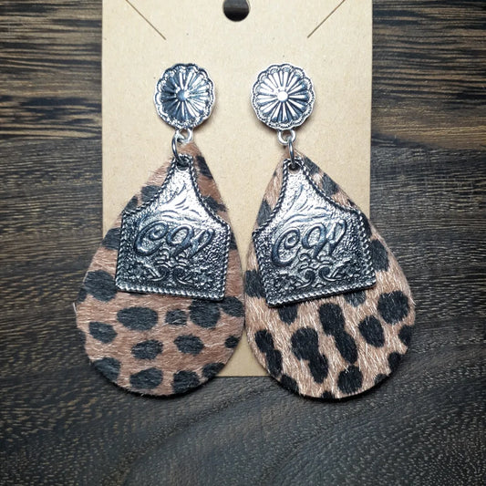 Dark Tan + Black Spotted Cowhide Dangle Earrings