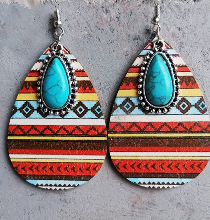 Western Multi Colored + Turquoise Wood earring